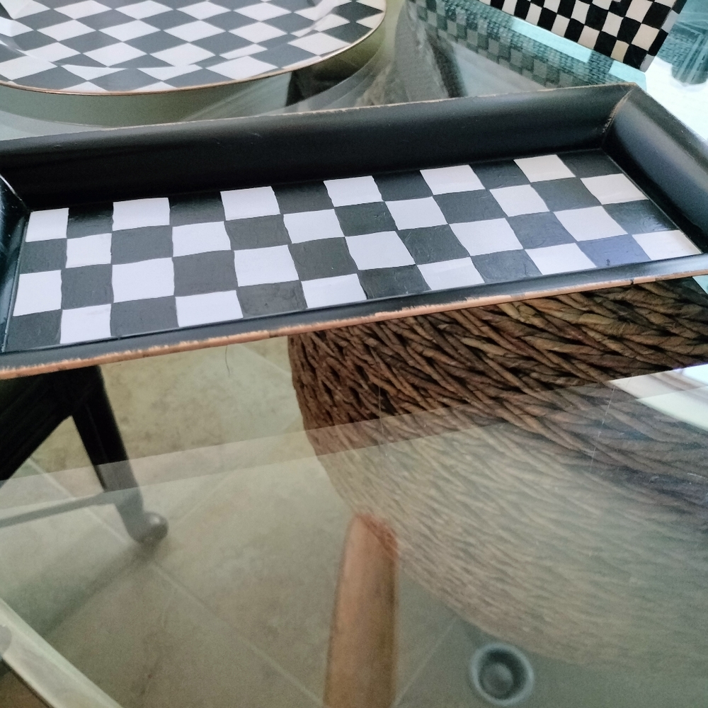 Racing black white checks acrylic rectangle tray 14 x 7" hand Painted by me